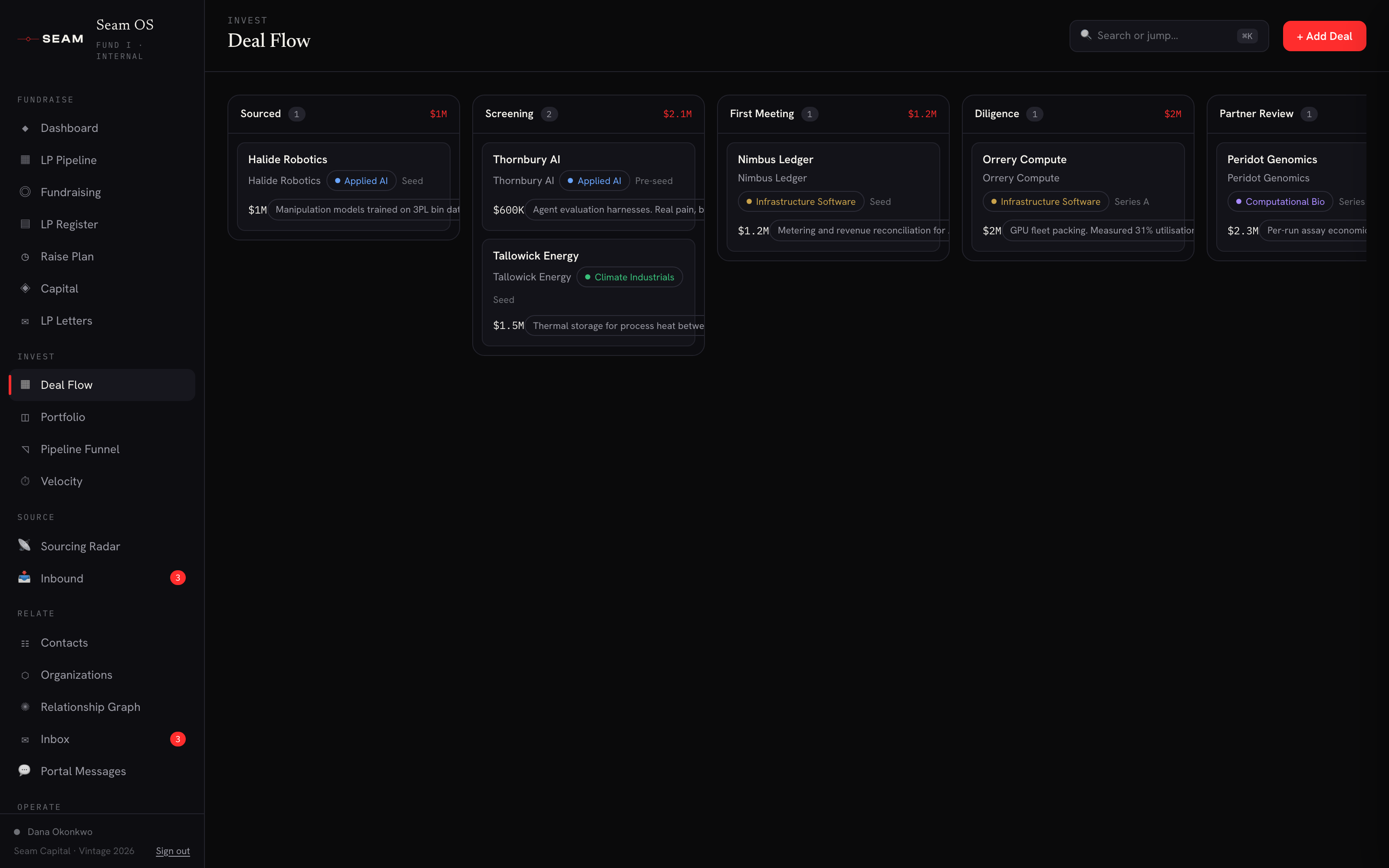 Deal flow kanban board